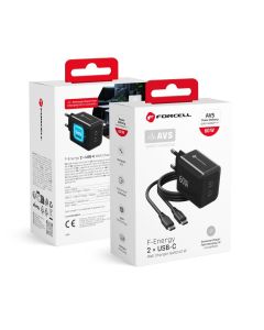 Phone charger Forcell F-Energy GaN III Crystal Color 2x USB C AVS SSFC3.0 60W + silicone cable USB C to USB C VT-60 black