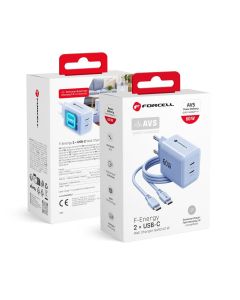 Phone charger Forcell F-Energy GaN III Crystal Color 2x USB C AVS SSFC3.0 60W + silicone cable USB C to USB C VT-60 blue