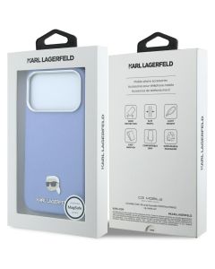 KARL LAGERFELD case for IPHONE 18 Pro/ 17 Pro compatible with MagSafe (Grained Karl Head Metal) light blue