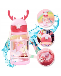 Water bottle with straw and leash for kids 500 - 600 ml pink