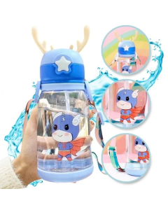 Water bottle with straw and leash for kids 500 - 600 ml blue