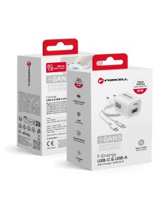 FORCELL F-ENERGY Crystal Color GaN III VT-41 travel charger with silicone cable with 1 x Type C + 1x USB A sockets  PD QC4.0 33W white