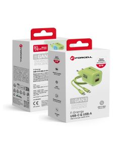 FORCELL F-ENERGY Crystal Color GaN III VT-41 travel charger with silicone cable with 1 x Type C + 1x USB A sockets  PD QC4.0 33W green