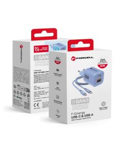 FORCELL F-ENERGY Crystal Color GaN III VT-41 travel charger with silicone cable with 1 x Type C + 1x USB A sockets  PD QC4.0 33W blue