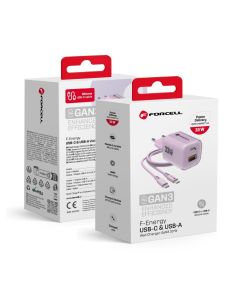 FORCELL F-ENERGY Crystal Color GaN III VT-41 travel charger with silicone cable with 1 x Type C + 1x USB A sockets  PD QC4.0 33W purple