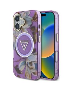 GUESS case for IPHONE 16 compatible with MagSafe GUHMP16SHFLPEDU (IML Metal Glitter Flowers Triangle) purple