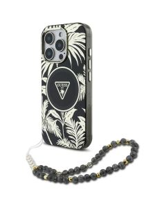 GUESS case for IPHONE 16 Pro Max compatible with MagSafe GUHMP16XHPCTPLSK (IML Palm Trees Triangle W/ Pearl Strap) black