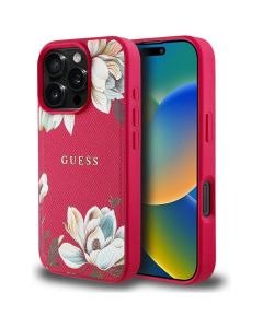 GUESS case for IPHONE 16 Pro Max compatible with MagSafe GUHMP16XPGNMPLMF (PU Grained Flowers Classic Logo) fuschia