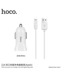 HOCO car charger double USB port 2 4A with for iPhone Lightning 8-pin cable Z2A white