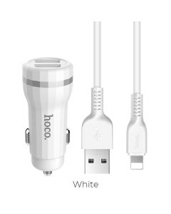 HOCO car charger Staunch 2 x USB 2 4A + cable for iPhone Lightning 8-pin Z27 white