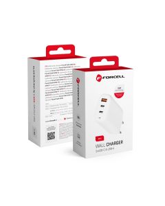 Forcell Travel Charger GaN 65W with 2x USB type C socket  1x USB A  - 3A with PD and Quick Charge 4.0 function