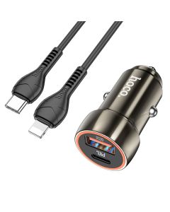 HOCO car charger  USB A + Type C + cable Type C to Lightning PD QC3.0 3A 20W Z46A metal gray
