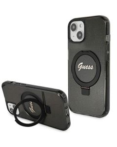 Original faceplate case GUESS GUHMP15SHRSGSK for iPhone 15 (Compatible with Magsafe / Glitter Script Logo / Ring stand / black)