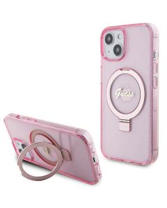 Original faceplate case GUESS GUHMP15SHRSGSP for iPhone 15 (Compatible with Magsafe / Glitter Script Logo / Ring stand / pink)