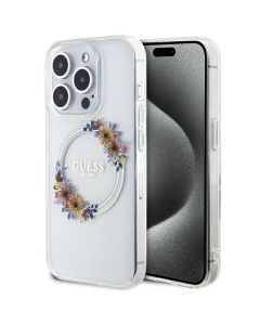 Original faceplate case GUESS GUHMP15LHFWFCT for iPhone 15 Pro (Compatible with Magsafe / Flowers Wreath / transparent)
