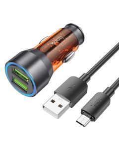 HOCO car charger 2 x USB A + cable USB A to Micro USB QC3.0 3A 36W NZ12 transparent orange