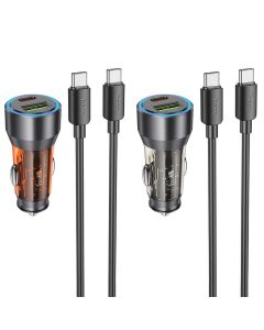 HOCO car charger USB A + Type C + cable Type C to Type C PD QC3.0 3A 43W NZ12A transparent orange