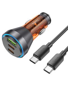 HOCO car charger USB A + 2 x Typ C + cable Type C to Type C PD QC3.0 3A 60W NZ12D transparent orange