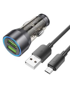 HOCO car charger 2 x USB QC 18W + cable USB to Micro NZ12 transparent black
