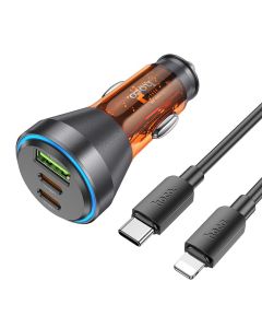 HOCO car charger USB A + 2 x Type C + cable Type C to Lightning PD QC3.0 3A 60W NZ12D transparent orange